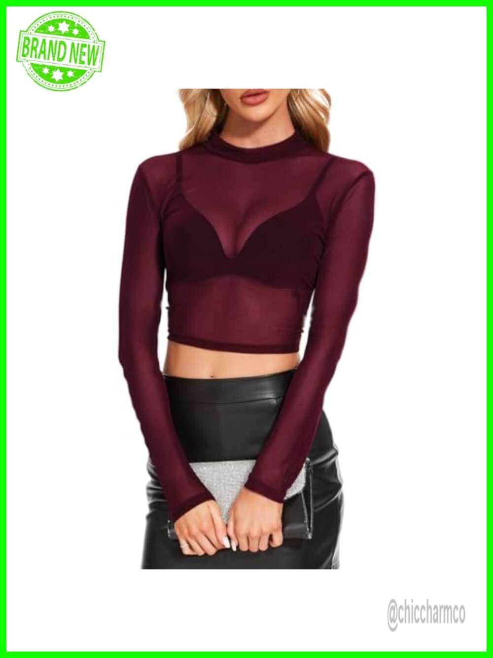 Women's Sheer Mesh Long Sleeve High Neck Crop Top Blouse